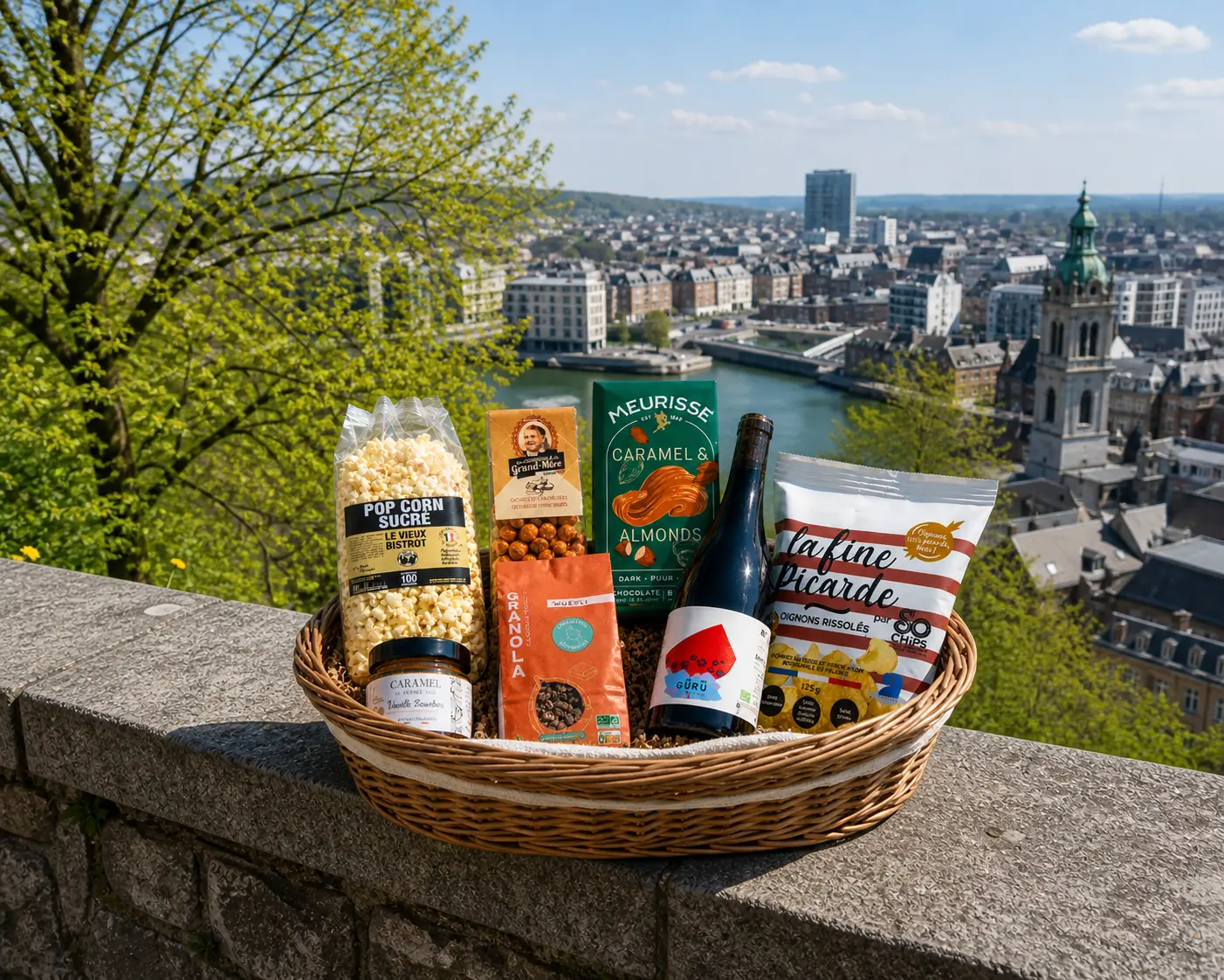 Coffret artisanal ouvert avec produits du terroir