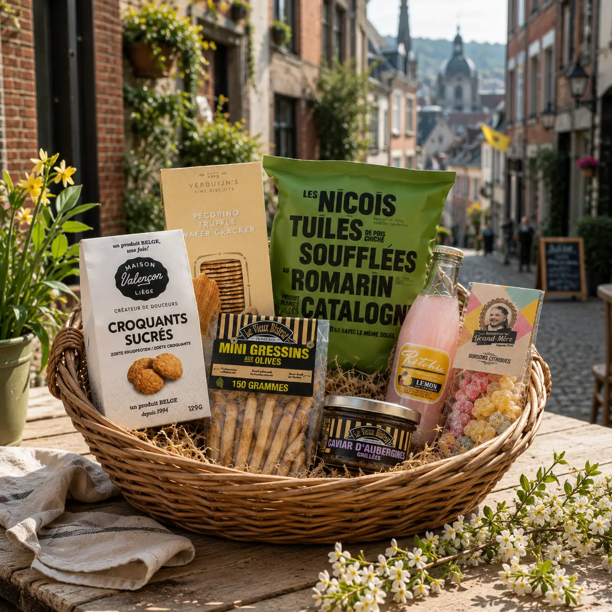 Doos op maat - Le Coffret des Copains Bedrijfsgeschenkdoos op maat met ambachtelijke producten in een wilgen mand